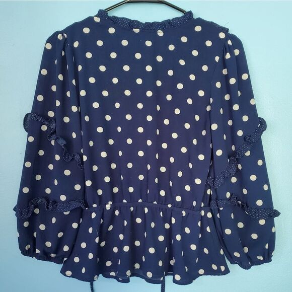 Sweet Wanderer Navy Blue/White Polka-Dot Ruffle Tie String Blouse - Picture 4 of 7